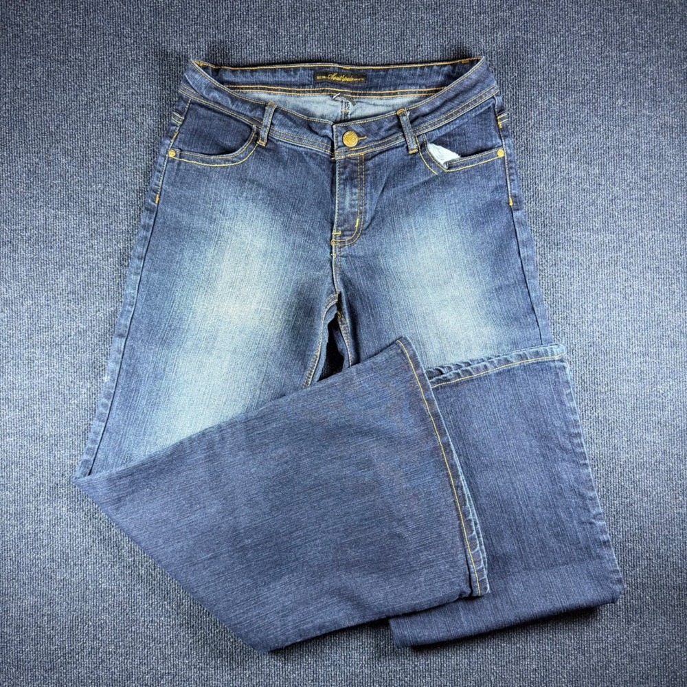 Southpole Womens Flare Jeans Blue Medium Wash Embroidered Sz 13